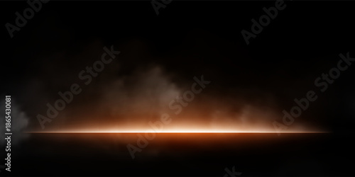 Orange neon light studio backdrop on black background with smoke reflecting backlight on wall and floor, dark room excitement and heat, excitement of competition, future and modern technology.