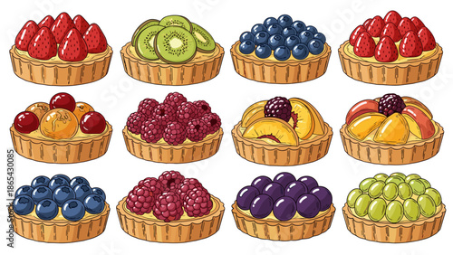 Collection of twelve assorted fruit tarts with strawberry, kiwi, blueberry, raspberry, and grape toppings