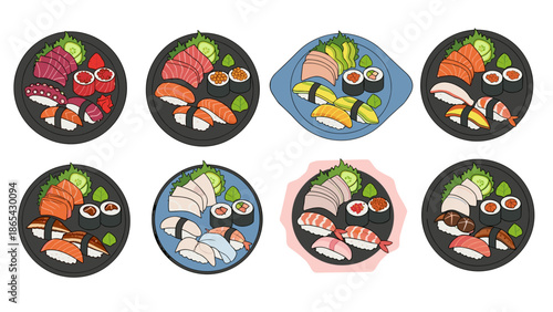 Collection of various sushi and sashimi platters and assortments
