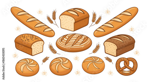 Assortment of various types of bread and a pretzel