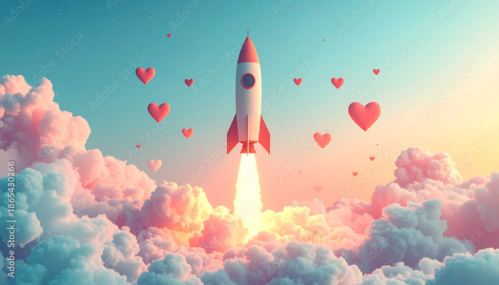 Fototapeta premium A rocket in the middle of the clouds with hearts flying around it, concept for love 