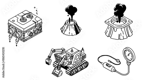 Deep sea mining and underwater exploration vector icon set