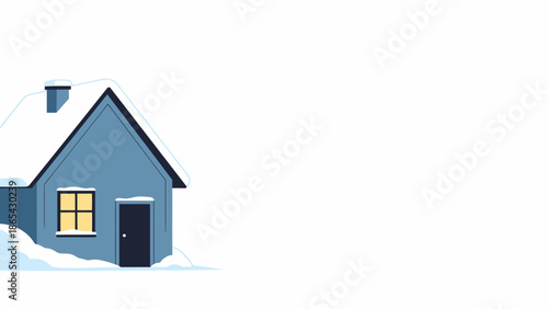 Cozy blue house covered in snow during the winter season.