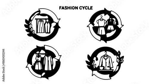 Sustainable fashion cycle and textile recycling icons