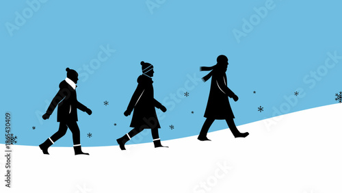 Silhouetted Figures Walking in Winter Landscape Illustration.