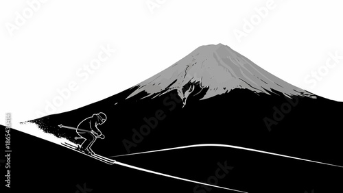 Skier carving down a snowy slope with Mount Fuji backdrop.