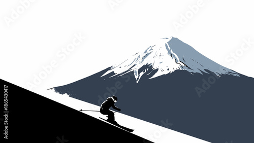 Skier descending a slope with Mount Fuji in the background.