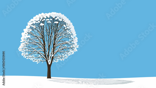 Snowcovered tree in winter landscape with blue sky backdrop.