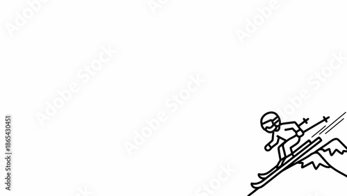 Stick figure skier soaring off a mountain peak.