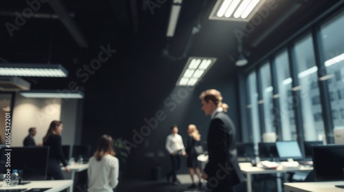 business workplace with people in walking in blurred in modern office space