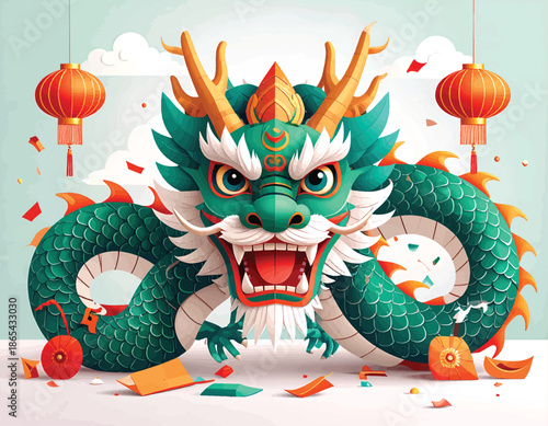 Vibrant Green Chinese Dragon with Open Mouth and Horns.