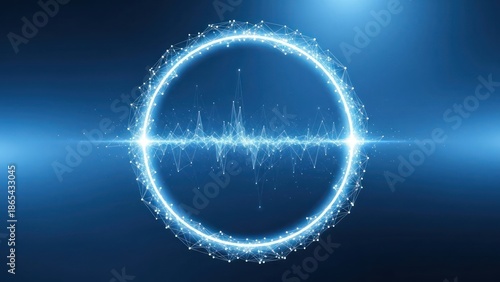 Glowing digital network circle with sound wave pattern.