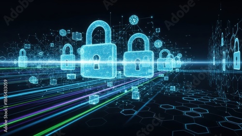 Digital network with glowing locks and data streams