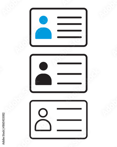 ID card icon set in three styles: flat color, solid glyph, and outline. Vector illustration of user profile, identification badge, and driver license. Isolated design for apps and web.