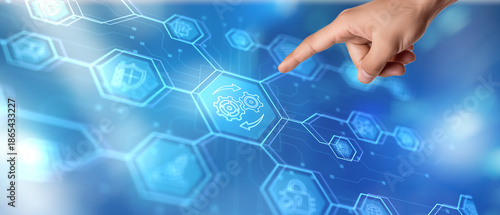 Gears concept on virtual screen. Automation Business and industrial process optimisation