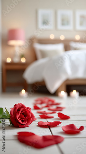 Romantic bedroom with rose petal pathway and candlelight ambiance for valentine's day
