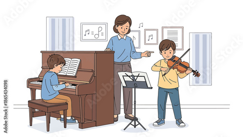 Children Learning Music with Piano and Violin in Music Studio Flat Vector Illustration