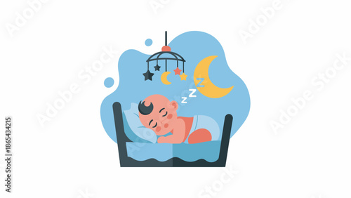 Baby peacefully sleeping in crib under mobile and moon.