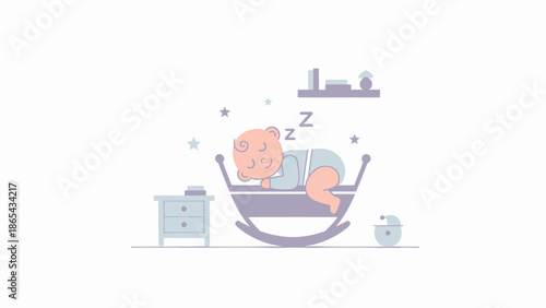 Baby peacefully sleeping in a rocking cradle illustration.