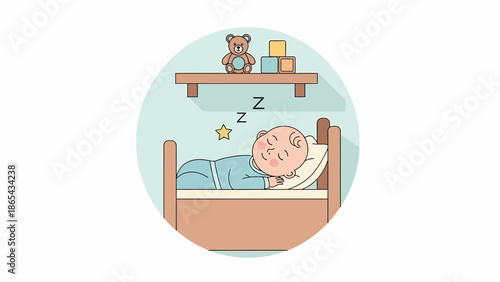 Baby Sleeping Peacefully in Bed with Toys on Shelf.