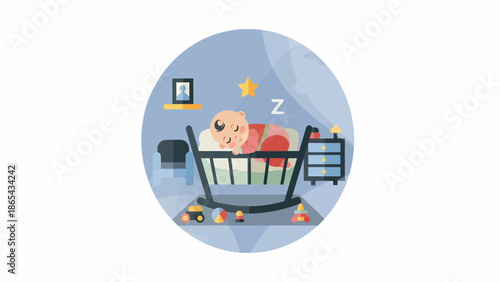 Baby Sleeping Peacefully in a Crib with Toys Around.