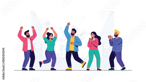 People Dancing and Enjoying Live Music Performance Flat Vector Illustration