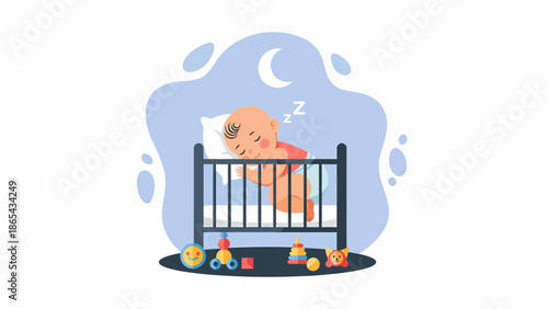 Baby Sleeping Peacefully in Crib with Toys Around.