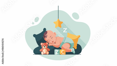 Baby sleeping soundly with teddy bear under a star lamp.