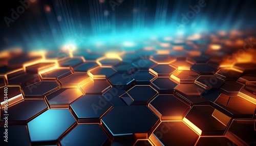 an abstract background features a hexagon pattern with glowing lights