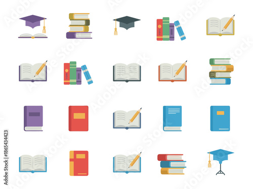 A colorful illustration of various educational icons, including graduation caps and books, on a white background.