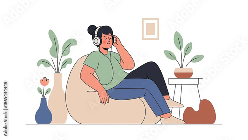 Person Relaxing on Bean Bag Listening to Music Flat Vector Illustration