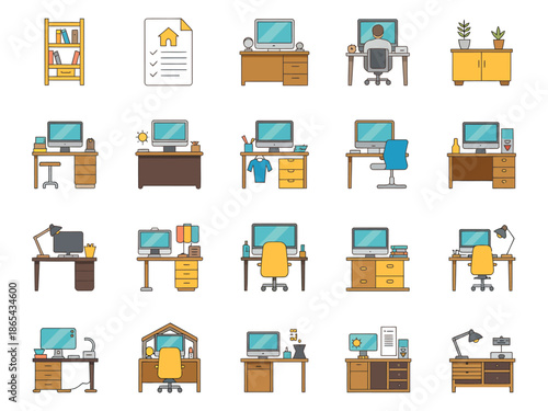 A collection of various home office setups with desks, computers, and furniture for remote work and productivity