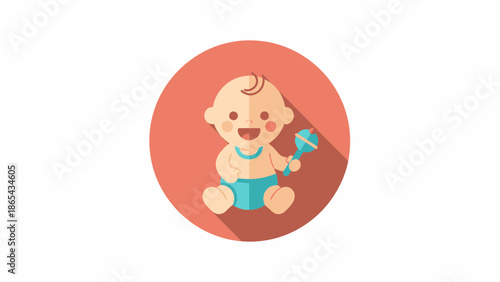 Illustration of a cheerful baby holding a rattle toy.