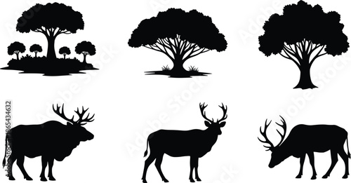 Vector Set of Wildlife Silhouettes, Collection of Large Trees and Elk Deer Animals with Antlers, Black Isolated Graphic for Nature Forest Safari Logo and Hunting Design.