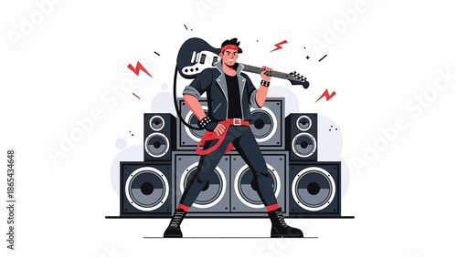 Rock Music Performer with Electric Guitar and Large Sound System Flat Vector Illustration