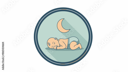 Illustration of a sleeping baby under a crescent moon.