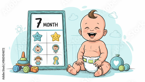 Joyful 7MonthOld Babys Developmental Milestone Illustration.