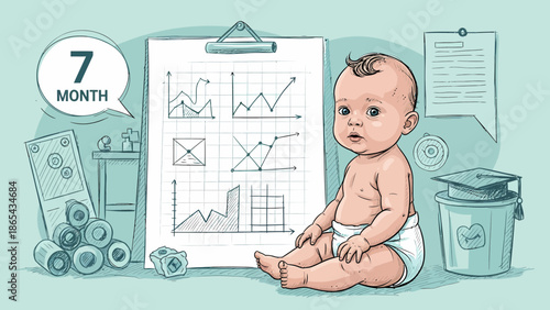 Sevenmonthold baby analyzing financial charts and planning for future education.