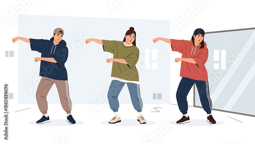 Three Idol Dancers Practicing Choreography in Dance Studio Flat Vector