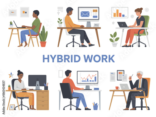 A diverse group of people working in a hybrid work environment with laptops and computers