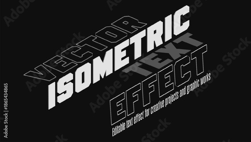 Isometric bold extruded text with angled perspective showing vector words isometric text effect over dark background and subtle shadow angle