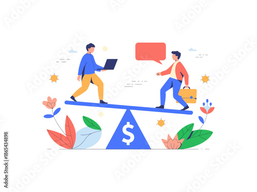 Two businessmen balancing on a seesaw with a dollar sign, symbolizing financial equilibrium and partnership.