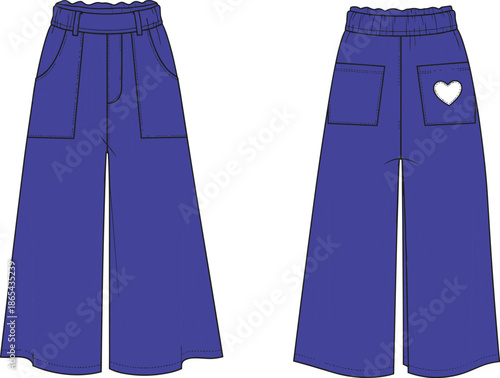 Vector technical fashion flat sketch, women's wide leg denim jeans, elastic waistband, front and back view, heart pocket detail, blue trousers.