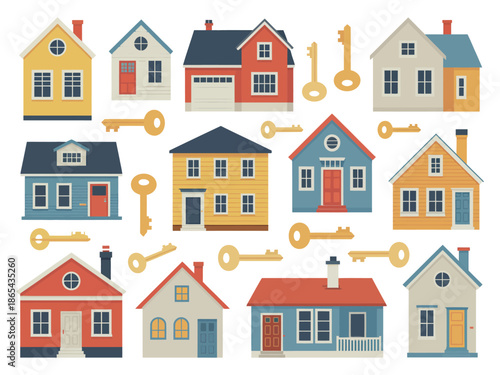 A colorful illustration of various houses and keys on a white background, symbolizing home ownership and real estate.