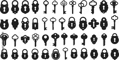 Vintage key and lock silhouettes, antique security icons, ornate padlocks, retro keyhole shapes, black vector set, mystery design elements