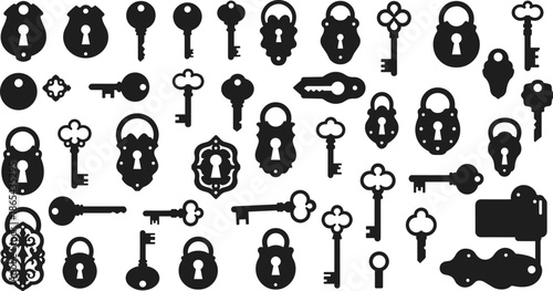 Vintage key silhouette collection, antique lock icons, retro security symbols, ornate padlocks, black vector illustrations, locksmith design elements, classic hardware