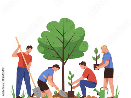 Four people planting a tree together in a collaborative gardening effort