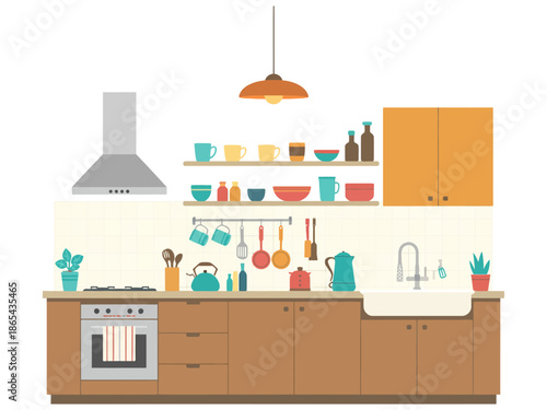 A modern kitchen with various utensils and appliances on the countertops and shelves.