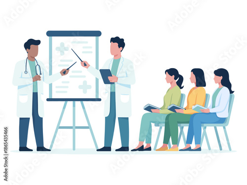 Two doctors presenting medical information to a group of attentive healthcare professionals in a clinical setting.