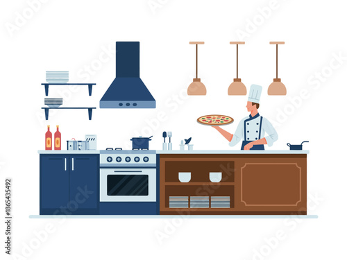 A chef preparing a pizza in a modern kitchen with blue cabinets and brown countertops